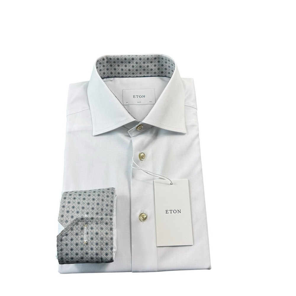 ETON Solid White Gray Geometric Flip Cuff Slim Fit 15.5/39 NWT